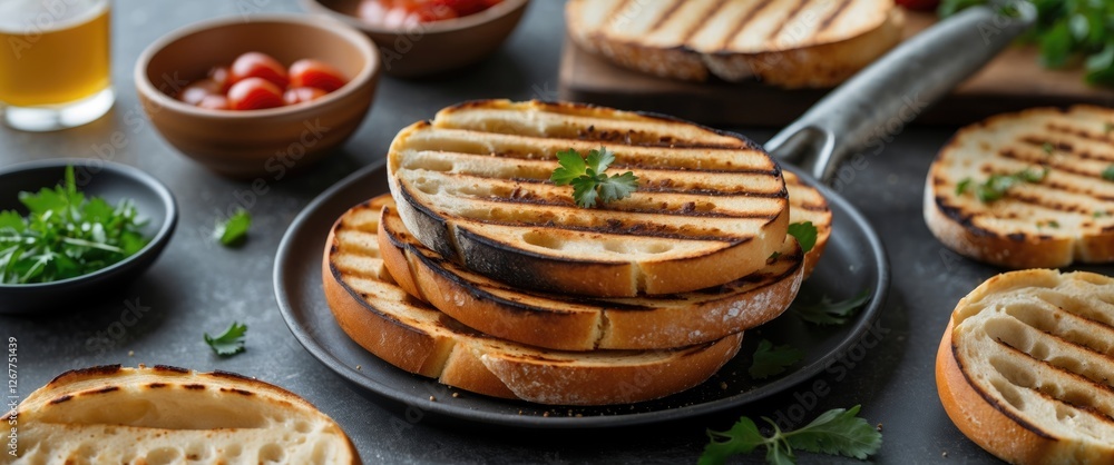 Aufkleber grilled slices of bread on a plate with fresh herbs and cherry tomatoes on a dark table with copy sp