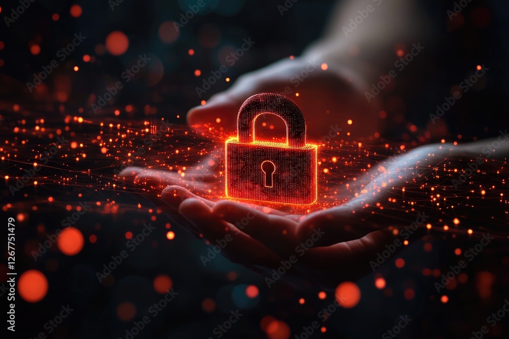 Poster Businessman protecting data with futuristic glowing red lock and network security system