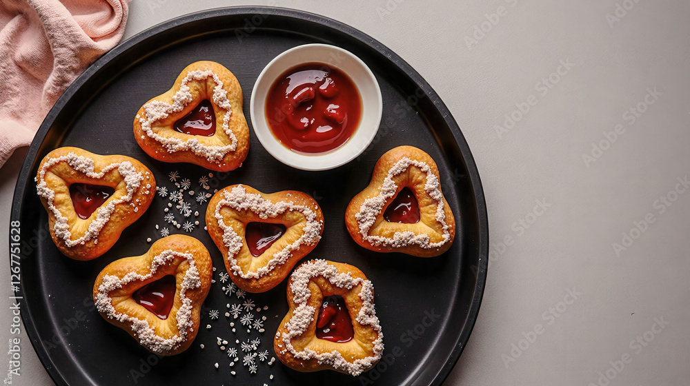 Poster a tray of donuts with a bowl of ketchup next to them. the donuts are arranged in a triangle shape, a