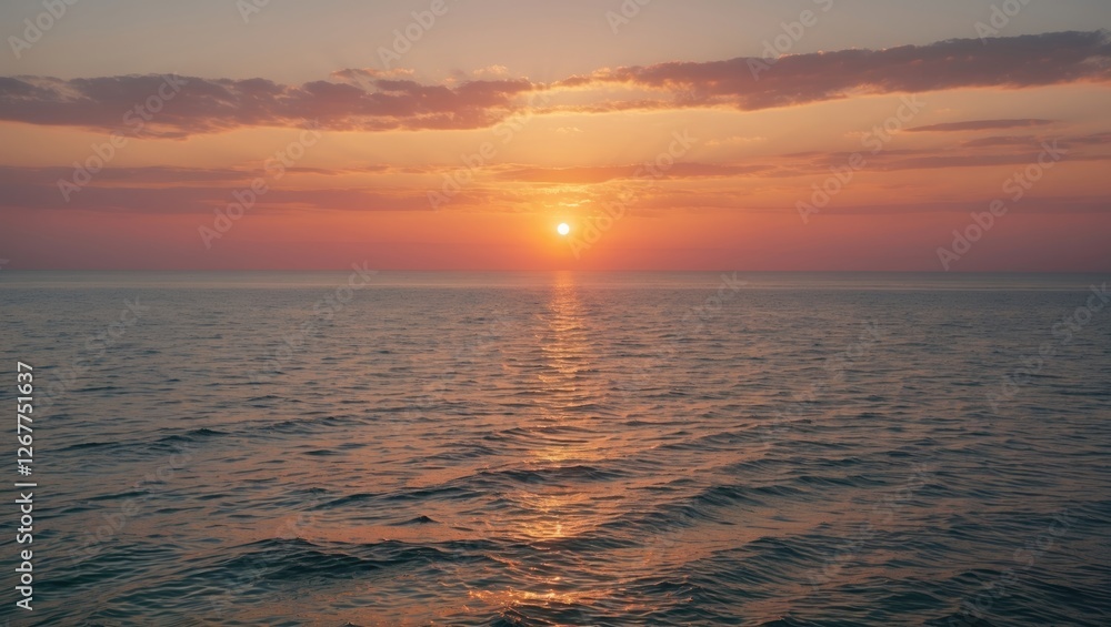 Poster sunset over calm ocean waters with reflective light and soft clouds in the sky copy space