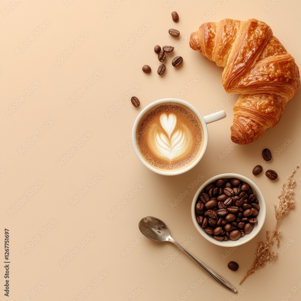 Poster enjoying a cozy breakfast with croissant coffee and roasted beans on a soft beige backdrop in the mo
