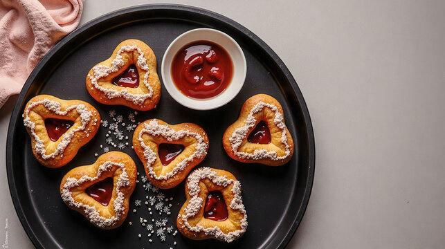 A tray of donuts with a bowl of ketchup next to them. The donuts are arranged in a triangle shape, and the ketchup is in a small bowl. The image conveys a casual and relaxed atmosphere