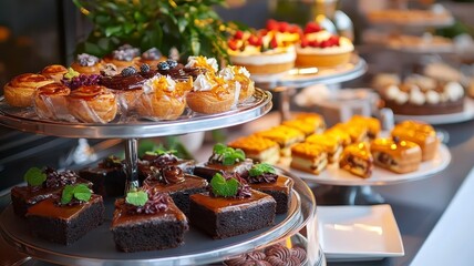 catering banquet professional concept. A vibrant display of assorted desserts, featuring pastries, cakes, and sweets, beautifully arranged on elegant stands.