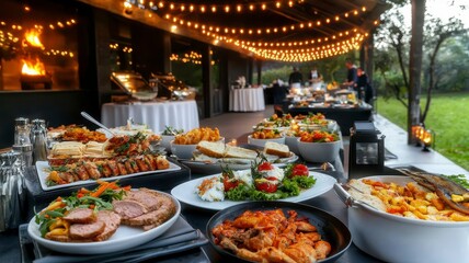 Fototapeta premium catering banquet professional concept. A beautifully arranged buffet featuring various dishes under string lights, creating a warm and inviting outdoor dining atmosphere.