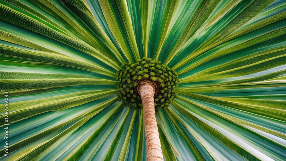 Aufkleber top view of a large palm tree displaying vibrant green leaves radiating from the center with a visib
