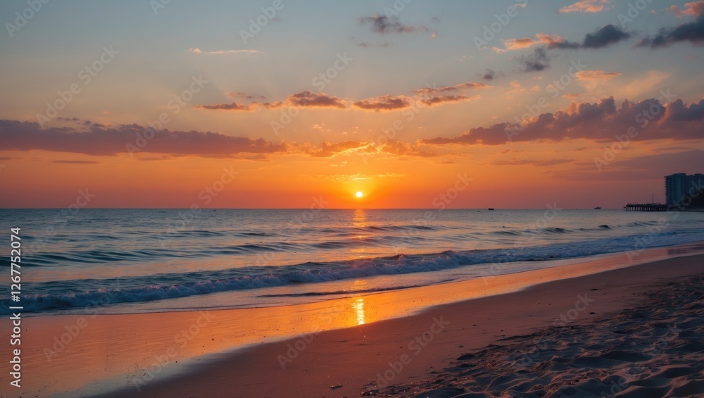 Poster sunset over calm beach with gentle waves and soft clouds in the sky creating a colorful horizon duri