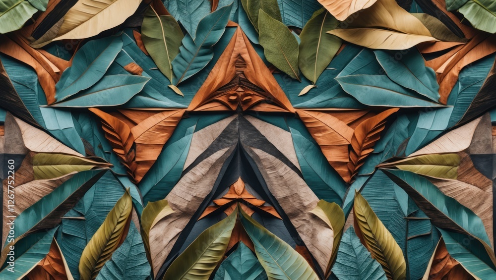 Poster colorful patterned arrangement of various tropical leaves creating an abstract design with textured 