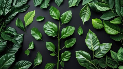 Green leaves assortment on a dark background flat lay composition with various leaf shapes and textures Copy Space