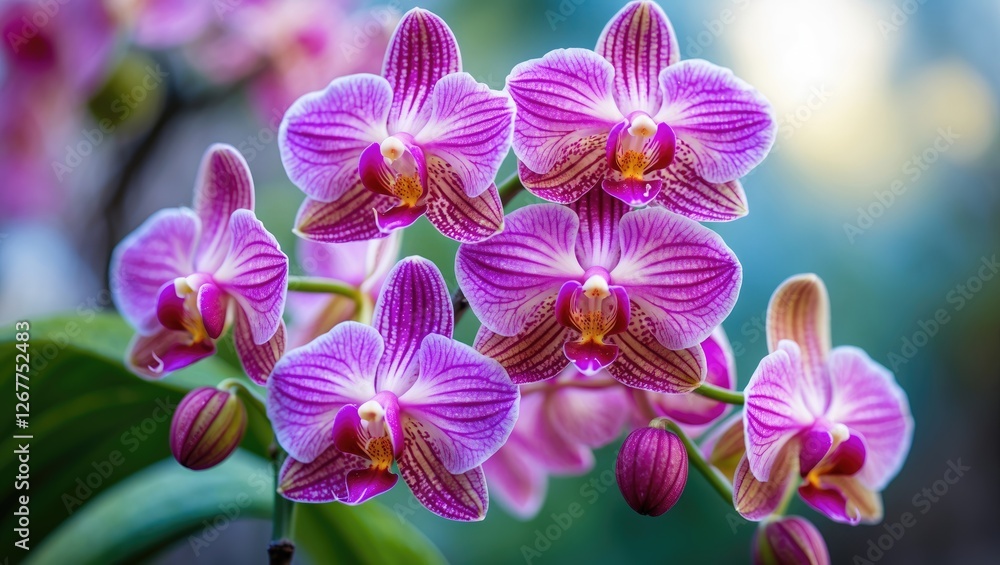 Poster pink orchids with intricate patterns and vibrant colors against a blurred background, showcasing bot