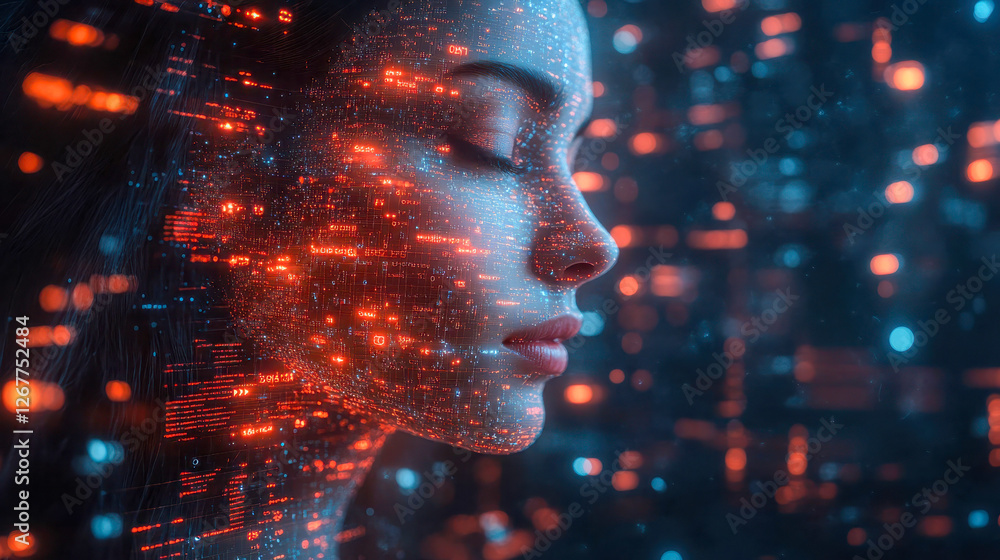 Poster a futuristic woman with a digital face interface, featuring glowing red and blue data streams in a c