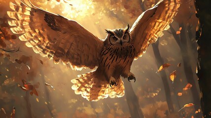 Fototapeta premium body owl illustrations in various poses Majestic owl flying through autumn forest.