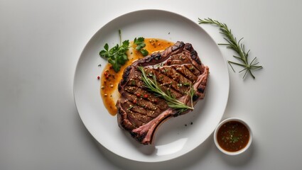 Grilled beef steak on white plate garnished with herbs and sauce alongside rosemary twigs and a small bowl of sauce Copy Space