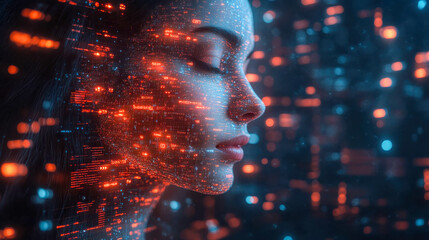 A futuristic woman with a digital face interface, featuring glowing red and blue data streams in a cybernetic environment