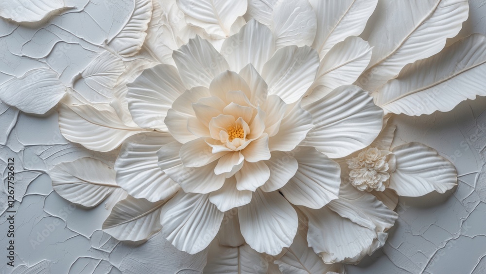 Poster large three-dimensional white flower composition with intricate leaf details on a textured backgroun