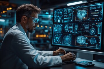 Industrial engineer analyzing holographic futuristic interface in a high tech research laboratory