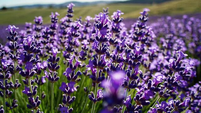 capturing the hypnotic movement of a vast lavender field as a gentle breeze sweeps through the endless rows of vibrant purple blossoms. 