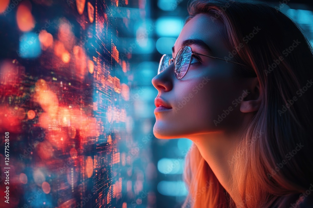 Leinwandbilder Software engineer analyzing code projected on futuristic transparent display in data center control room