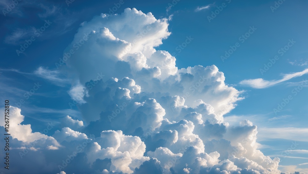 Poster fluffy white cumulus clouds against a blue sky with wispy clouds in the background and ample copy sp