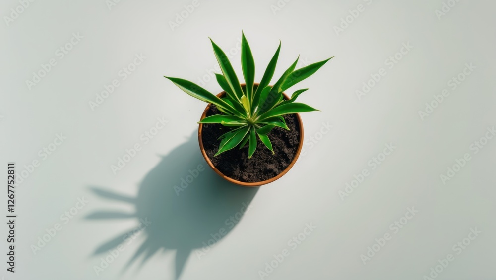 Poster green succulent plant placed in a brown pot casting a shadow on a light background with ample copy s