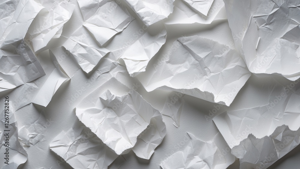 Poster crumpled white paper texture background with various shapes and sizes, ideal for creative design pro