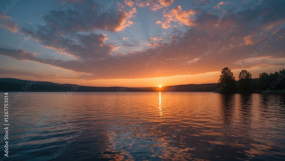 Sticker Tranquil sunset over a calm lake with dramatic clouds and reflections on the water surface Copy Space