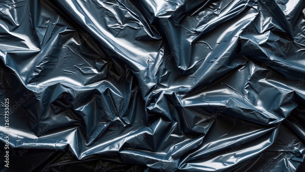 Poster crumpled glossy black plastic sheet texture background with deep folds and creases suitable for vari