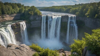 Fototapeta premium Large waterfall cascading into a river surrounded by lush greenery under a bright blue sky with soft clouds Copy Space