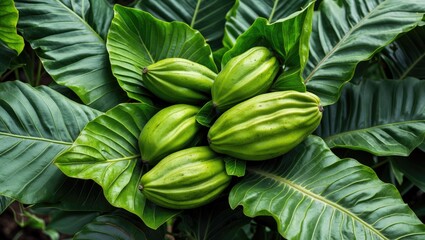 Fototapeta premium Green cacao pods nestled among large tropical leaves with vibrant textures and rich greenery. Copy Space