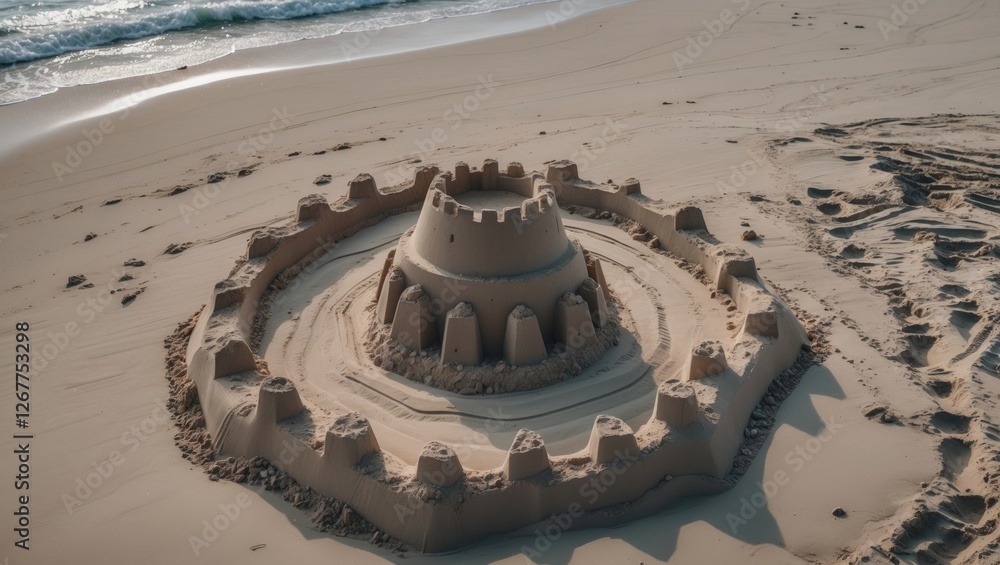 Poster sandcastle built on a beach with intricate details and towers surrounded by wet sand and ocean waves