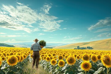 Fototapeta premium A farmer with a hat walking through a vibrant sunflower field with a basket full of flowers, enjoying the bright sunny day and the beauty of the countryside scenery.