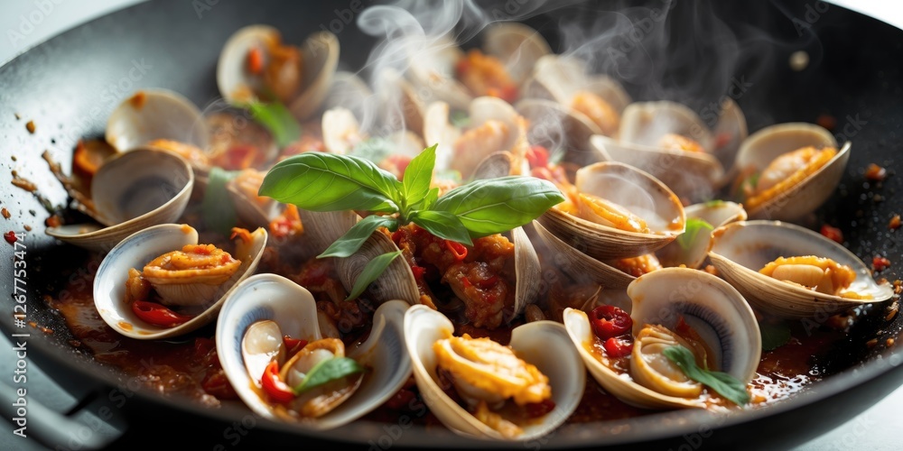 Poster close-up of cooked clams in a pan garnished with basil and red peppers steaming in a flavorful sauce