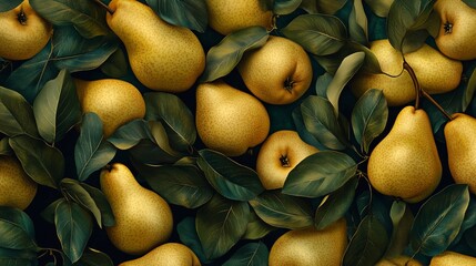 Top view of yellow  pear witn leaves, juicy photo, suitable for horizontal or vertical format