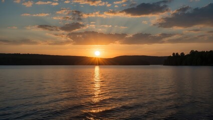 Obraz premium Sunset over tranquil lake with reflections on water and clouds in the sky landscape at dusk Copy Space