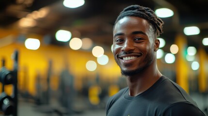 Obraz premium A smiling man in a vibrant workout outfit stands confidently in a brightly lit gym, surrounded by modern fitness equipment