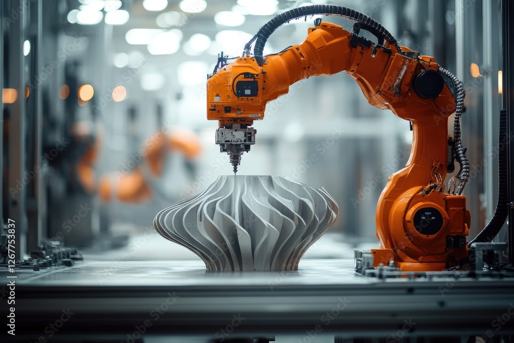 Aufkleber robotic arm working on futuristic object in modern factory