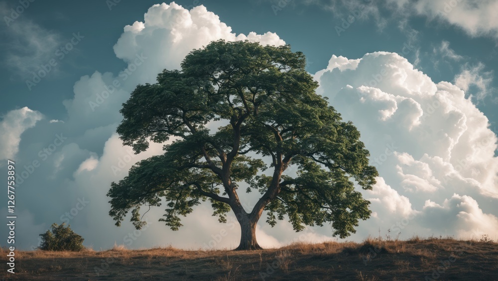 Poster single large tree on a hillside with dramatic clouds in the background creating a striking natural l