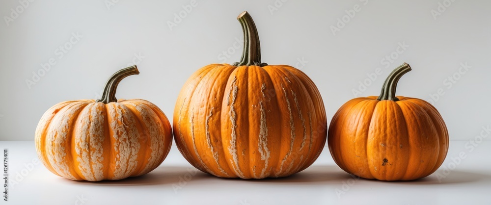 Poster three colorful pumpkins of varying sizes displayed on a plain background with soft lighting and ampl