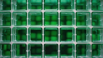 Abstract pattern of transparent glass blocks with a green background and rectangular grid structure suitable for modern design applications. Copy Space