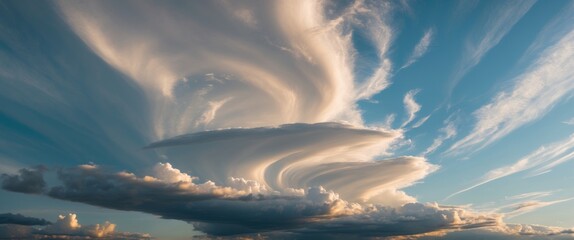 Dramatic cloud formations with swirling patterns against a vibrant blue sky and soft sunlight illuminating the scene Copy Space