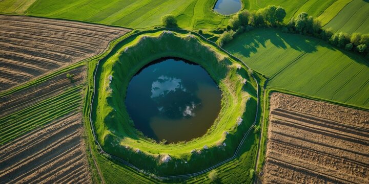 Aerial view of a circular crater lake surrounded by lush green farmland and organized agricultural fields on a sunny day Copy Space