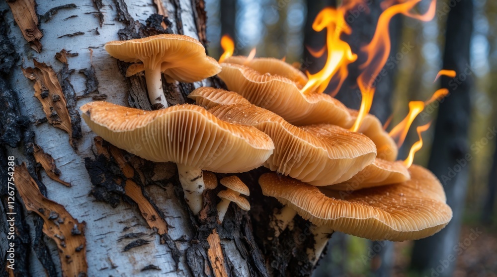Aufkleber mushrooms growing on the side of a tree trunk with flames surrounding them in a forest setting with 