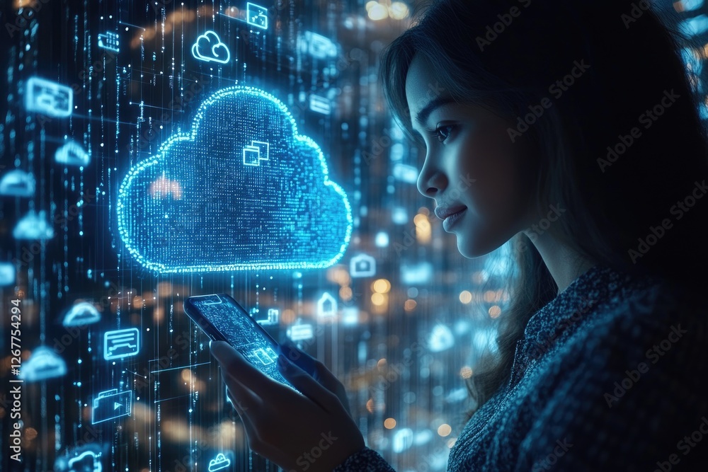 Poster businesswoman using smartphone managing cloud computing data storage services