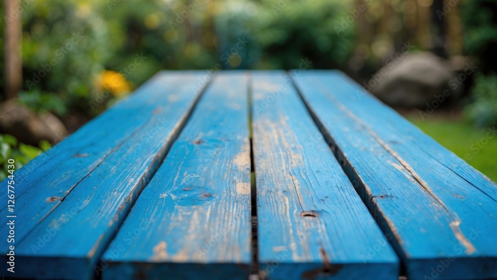 Aufkleber blue weathered wooden table surface with depth of field and soft focus background in a natural garde