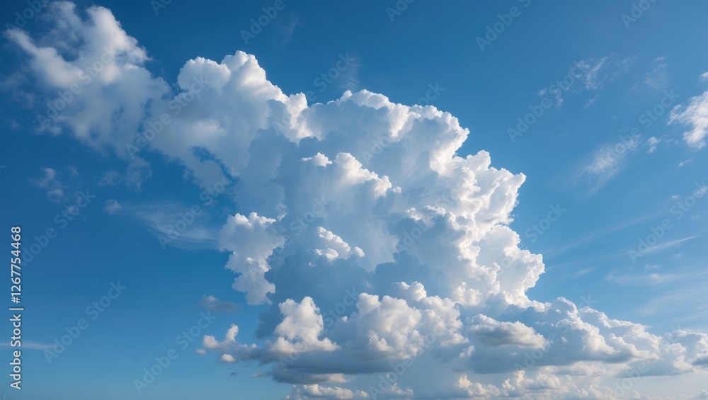 Poster fluffy white clouds in a clear blue sky with a few wispy clouds above, ideal for background use and 