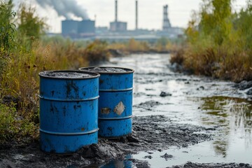 Damaged Blue Barrels Near Polluted River - Two damaged blue barrels filled with toxic waste sit near a polluted riverbank, symbolizing environmental damage, industrial pollution, hazardous waste