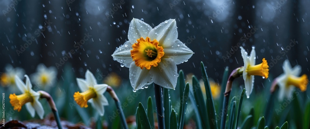 Poster daffodil flowers with raindrops in a natural setting capturing a spring atmosphere with soft focus b