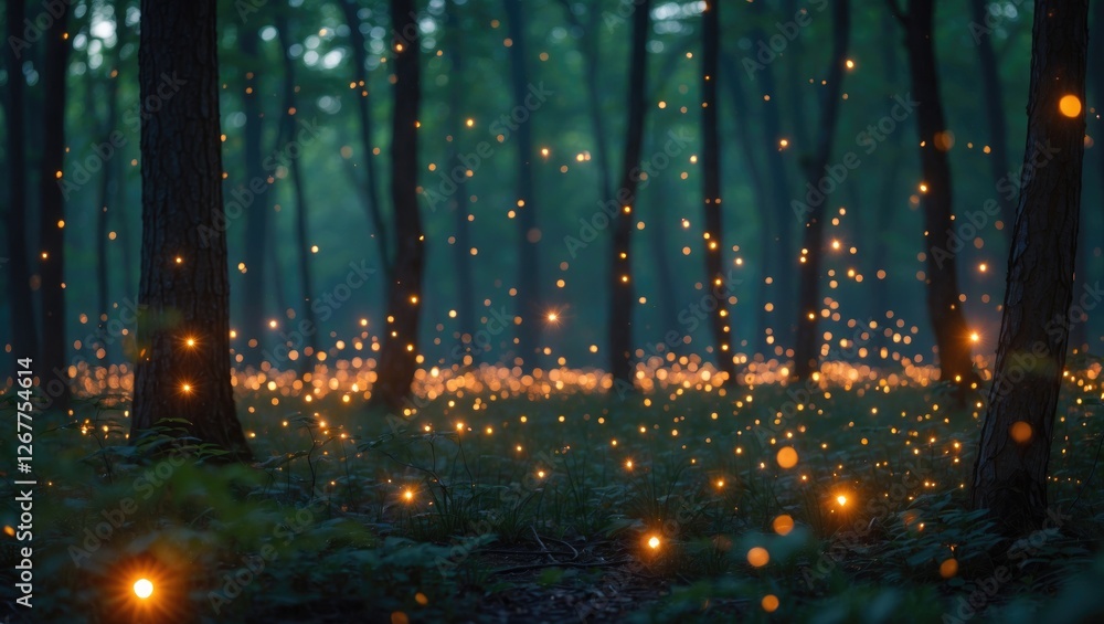 Poster magical forest scene with glowing fireflies at dusk creating a mystical atmosphere surrounded by tre