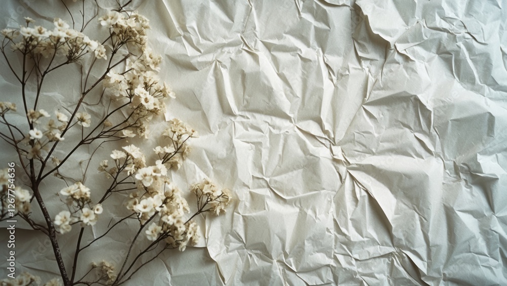 Poster dried flowers on textured crumpled white paper background with blank space for text and design eleme