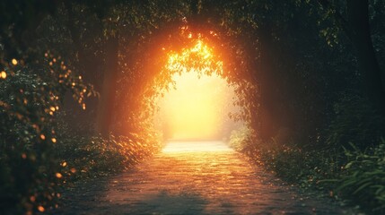 Obraz premium Golden Path: A Mystical Journey Through a Sunlit Forest