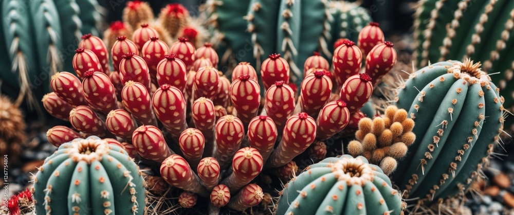 Poster colorful assortment of cacti with red and blue varieties in natural setting with copy space for text